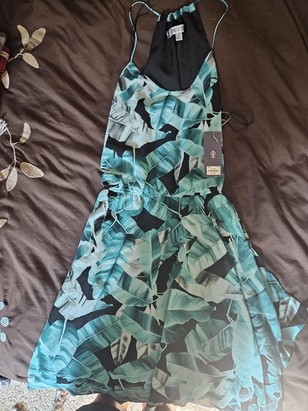 Jennifer Lopez Teal and Black Tropical Leaf Asymmetrical Dress